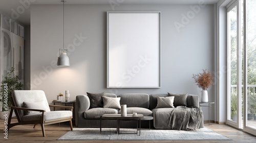 Modern living room with blank art over sofa; interior design concept, home decor usage
