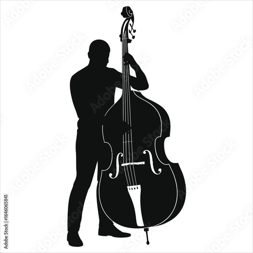 Silhouette of a bassist performing with upright double bass on stage; bold black-and-white vector art capturing music, performance, jazz and classical vibes for stock use.
