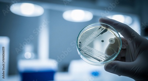 Scientist's gloved hand holding a petri dish with diverse bacterial colonies in a sterile laboratory.