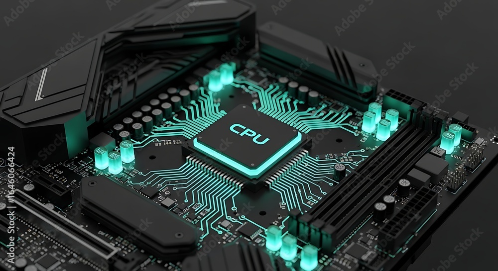 Fototapeta premium Modern CPU motherboard with glowing circuits showcases tech innovation for powerful computing solutions
