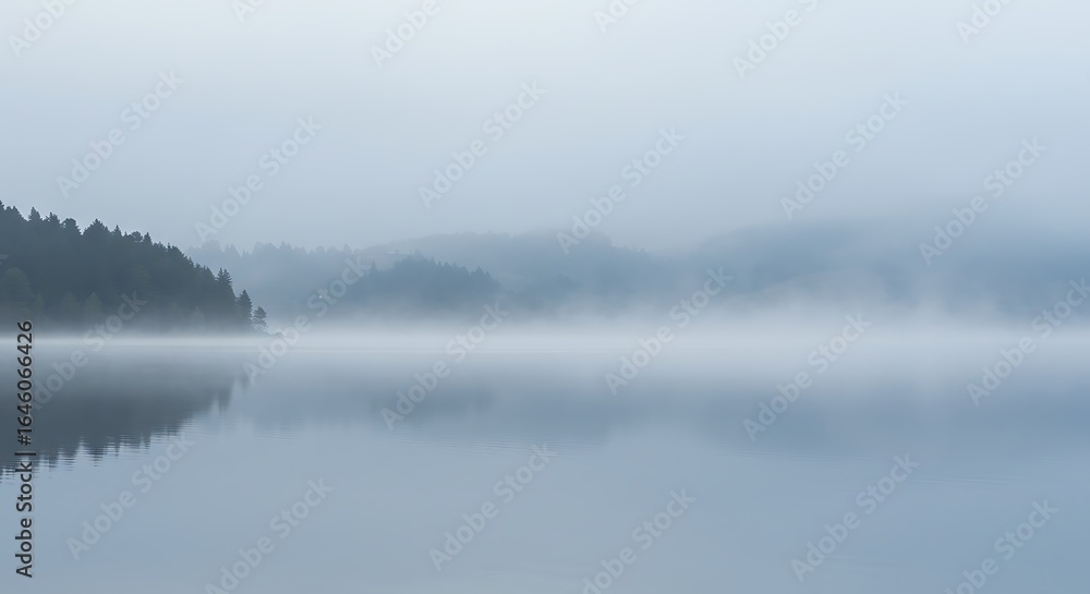 Obraz premium Gentle fog over a calm lake, soft gray and blue hues, tranquil texture