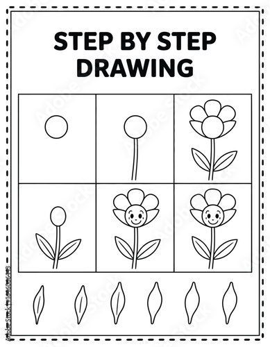Step-by-step flower drawing tutorial for children. Easy educational art worksheet for learning how to draw a cute cartoon flower