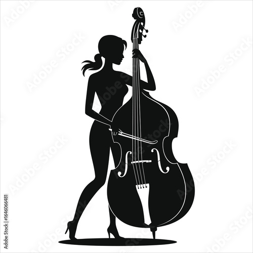 Elegant Silhouette of a Female Bassist with Double Bass - Stylish Musician Performing, Jazz & Classical Music, Vector Illustration for Music Events & Art