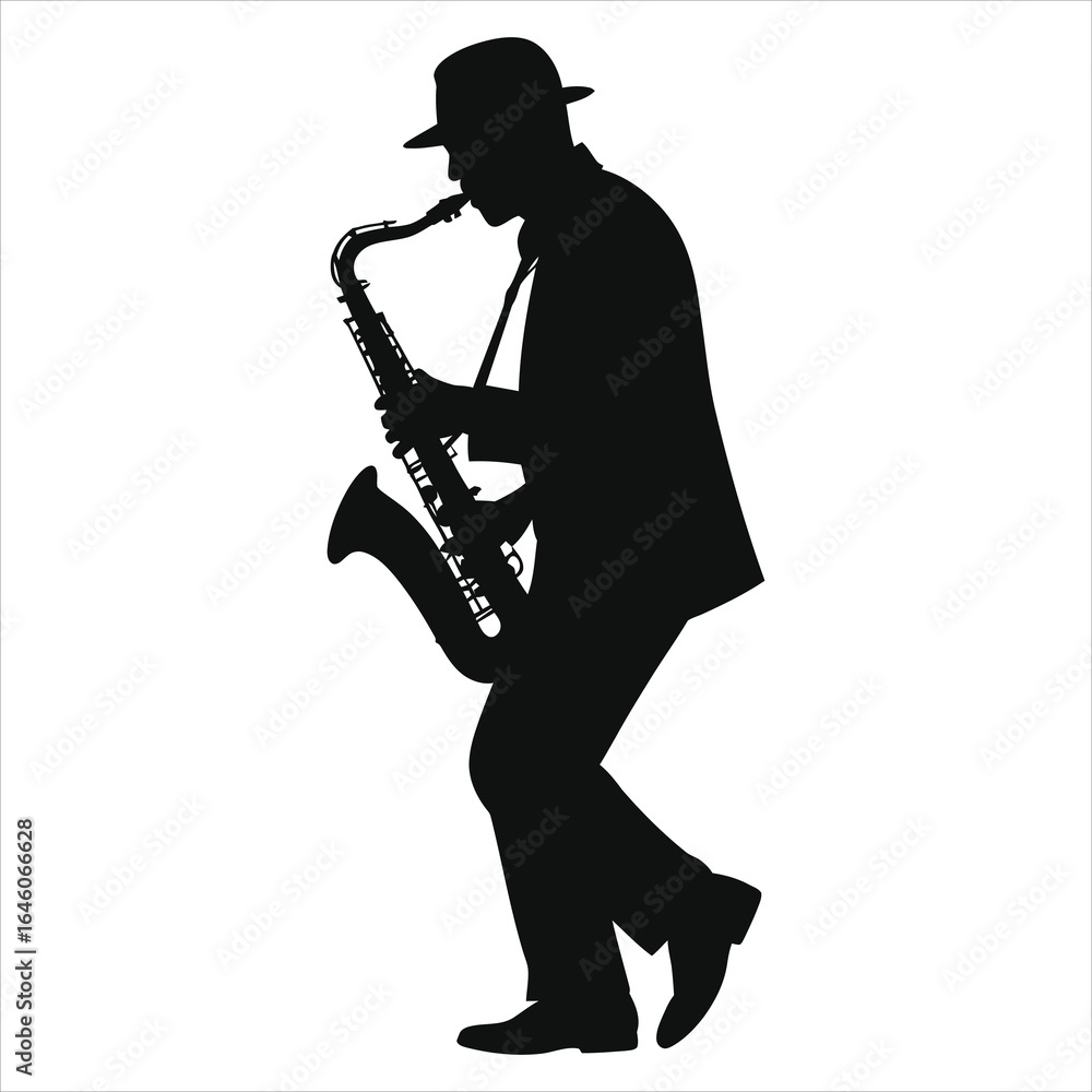 Naklejka premium Dynamic Silhouette of a Jazz Saxophonist Performing - Stylish Musician Playing Saxophone, Live Music Concept, Vector Illustration for Music Events & Album Art