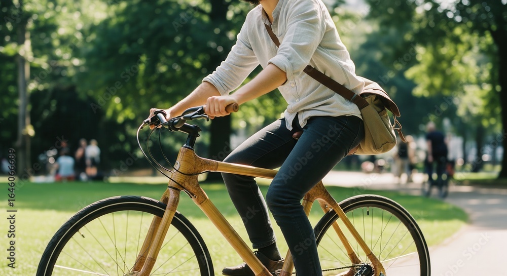Fototapeta premium Person riding a sustainable bamboo bicycle in a city park