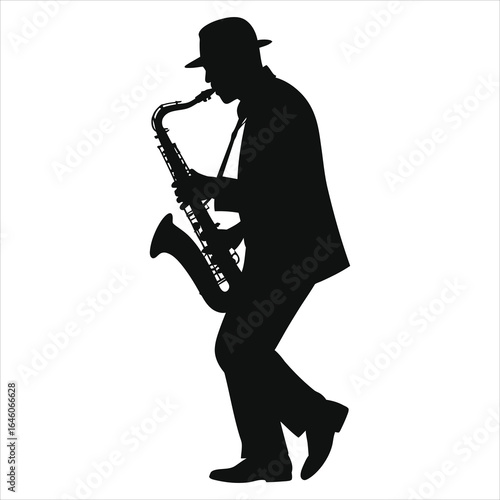Dynamic Silhouette of a Jazz Saxophonist Performing - Stylish Musician Playing Saxophone, Live Music Concept, Vector Illustration for Music Events & Album Art