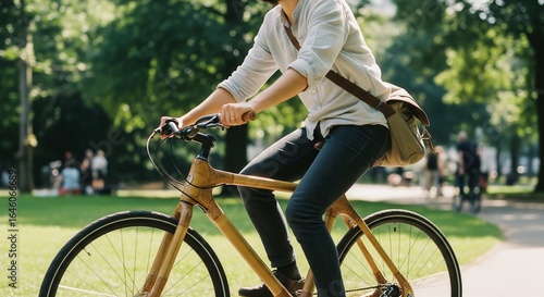 Fototapeta Naklejka Na Ścianę i Meble -  Person riding a sustainable bamboo bicycle in a city park
