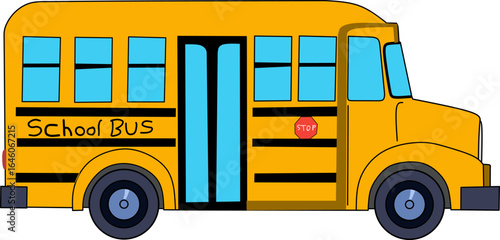 Flat illustration of a yellow school bus with clean lines, perfect for educational materials, transport themes, back-to-school designs, and children’s learning resources. 