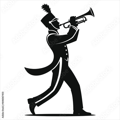 Dynamic Marching Band Trumpet Player Silhouette in Black & White Uniform with Plume - Vector Illustration for Music, Parades, School Bands, Events