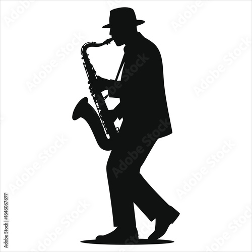 Silhouette of a saxophonist performing on stage in bold black-and-white vector style, ideal for music promotion, teaching resources, posters, branding, and dynamic media design projects for education.