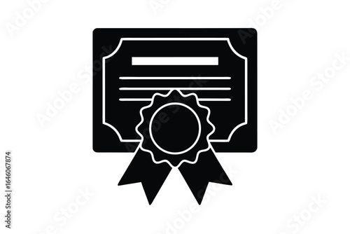 Black silhouette of a certificate with a ribbon and seal of achievement