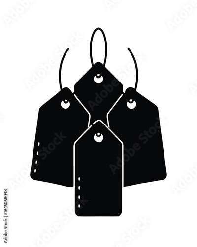 Four black price tags hanging together on a string for retail or sales