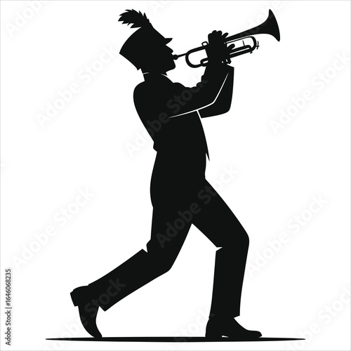 Silhouette of a trumpet player performing, dynamic brass musician in motion, bold vector art for music education, concert promotion, poster design, branding, and creative media projects for media use!