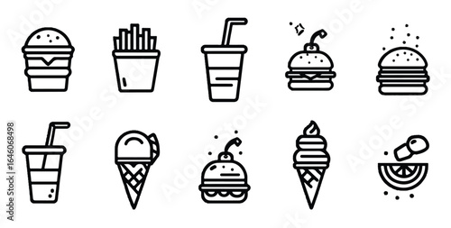 Collection of delicious fast food icons representing a variety of popular menu items and culinary choices in a simple and graphic black and white design