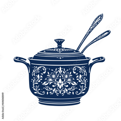 A ceramic teapot, isolated with a brown cast iron pot and pan, rests on a white kitchen counter