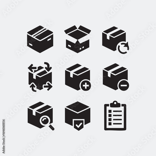 Solid glyph icon set for logistics and delivery services, including package handling, shipping, and tracking symbols.