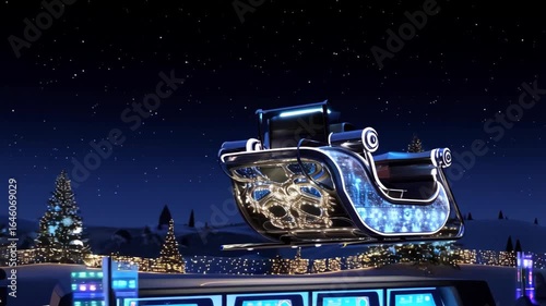 Wallpaper Mural empty sleigh flies to Santa in sky at night, next to Christmas tree. futuristic sleigh gliding through starry night, illuminated with neon blue lights. high-tech reindeer-less sleigh soars in space Torontodigital.ca