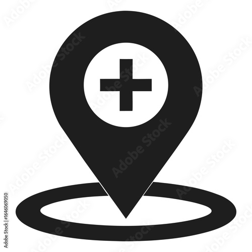 Black medical location pin icon with a plus symbol inside a circle