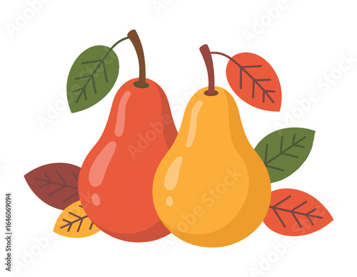 Two ripe pears with autumn leaves vector clipart, isolated on white background.