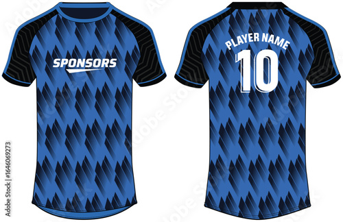 Sports jersey t shirt design flat sketch vector illustration, Geometric pattern Raglan Round neck football jersey concept with front and back view for Cricket, soccer, Volleyball, Rugby jersey kit