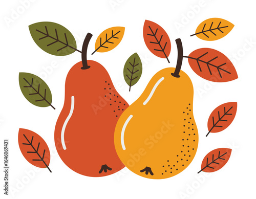 Vibrant pears with autumn leaves celebrate harvest season vector clipart, isolated on white background.
