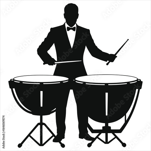 "Silhouette of a Drummer Playing Timpani in Formal Attire, Black and White Illustration, Musician, Percussionist, Orchestra, Concert, Elegant Performance, Vector Art, Minimalist Design