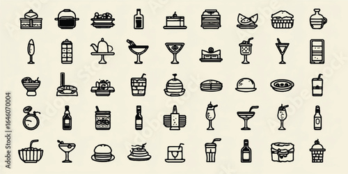 Collection of food and beverage line icons featuring cakes cocktails and culinary dishes in a minimalist style perfect for restaurant menus and food blogs adding a touch of elegance and simplicity