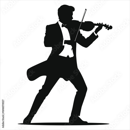 Dynamic male violinist silhouette in tuxedo tails playing violin with bow, energetic classical musician pose, isolated black vector illustration for concert, orchestra, solo performance, music designs
