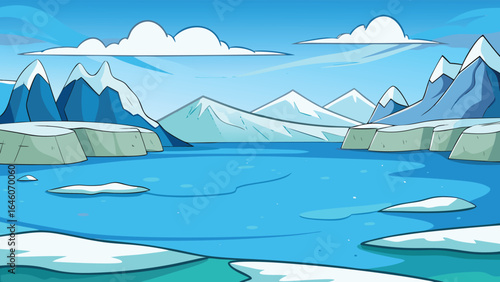 Cartoon arctic landscape with icebergs and mountains