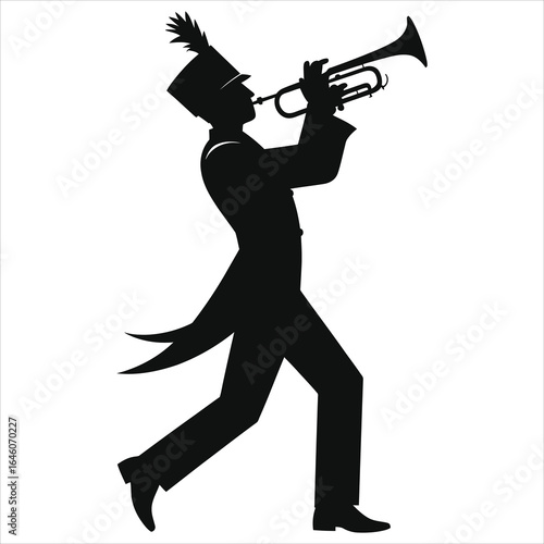 Marching band trumpet player silhouette in uniform with plume hat playing trumpet, walking parade pose, black isolated vector illustration for music, band logo, marching performance festival band icon
