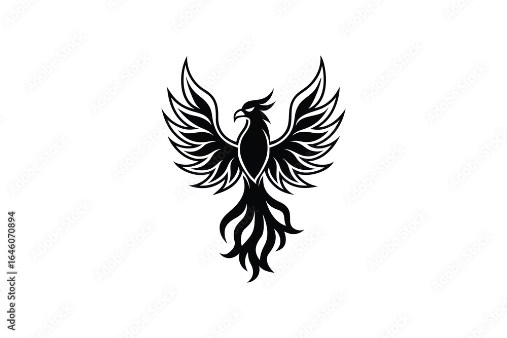 Fototapeta premium Black phoenix bird logo or tattoo design element with wings spread on white background silhouette