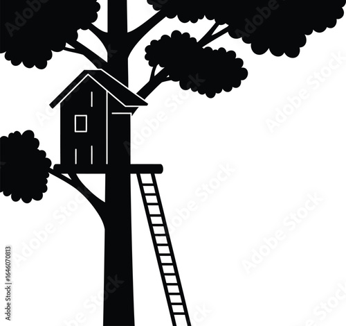 Solid black silhouette of a treehouse on a tall tree, flat 2D vector, clean white background 