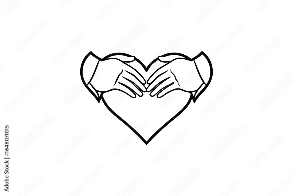 Fototapeta premium Simple black and white illustration of hands forming a heart shape symbolizing love and care silhouette
