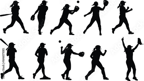 Softball female player silhouettes in action poses, batting, catching, throwing, celebrating, sports vector illustration, black silhouette clipart