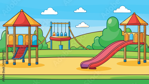 Colorful playground with slide and swings jungle gym
