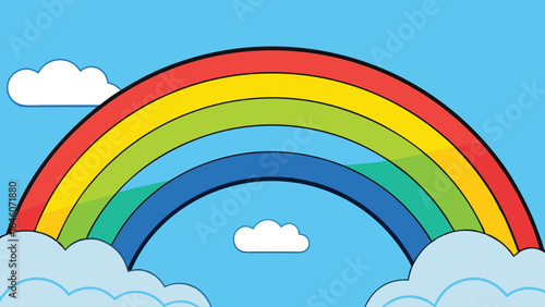 Rainbow arc over fluffy clouds blue