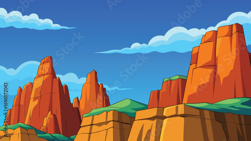 Orange rock formations under blue sky with clouds cartoon