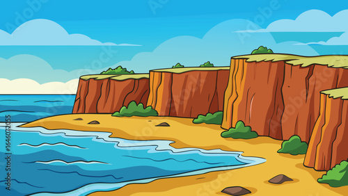 Coastal cliffs meeting blue ocean waters cartoon vector