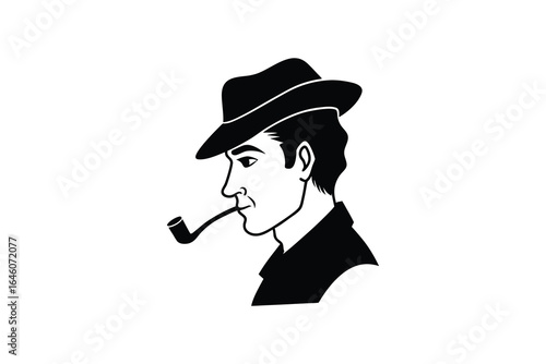 Black and white silhouette of a man wearing a hat and smoking a pipe in a classic vintage style