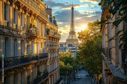 Parisian street view eiffel tower sunset