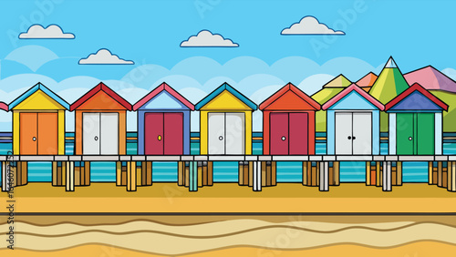 Colorful beach huts on wooden pier by the sea seaside