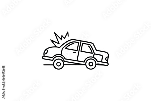 Simple black and white line drawing of a car crash or automobile accident with impact silhouette