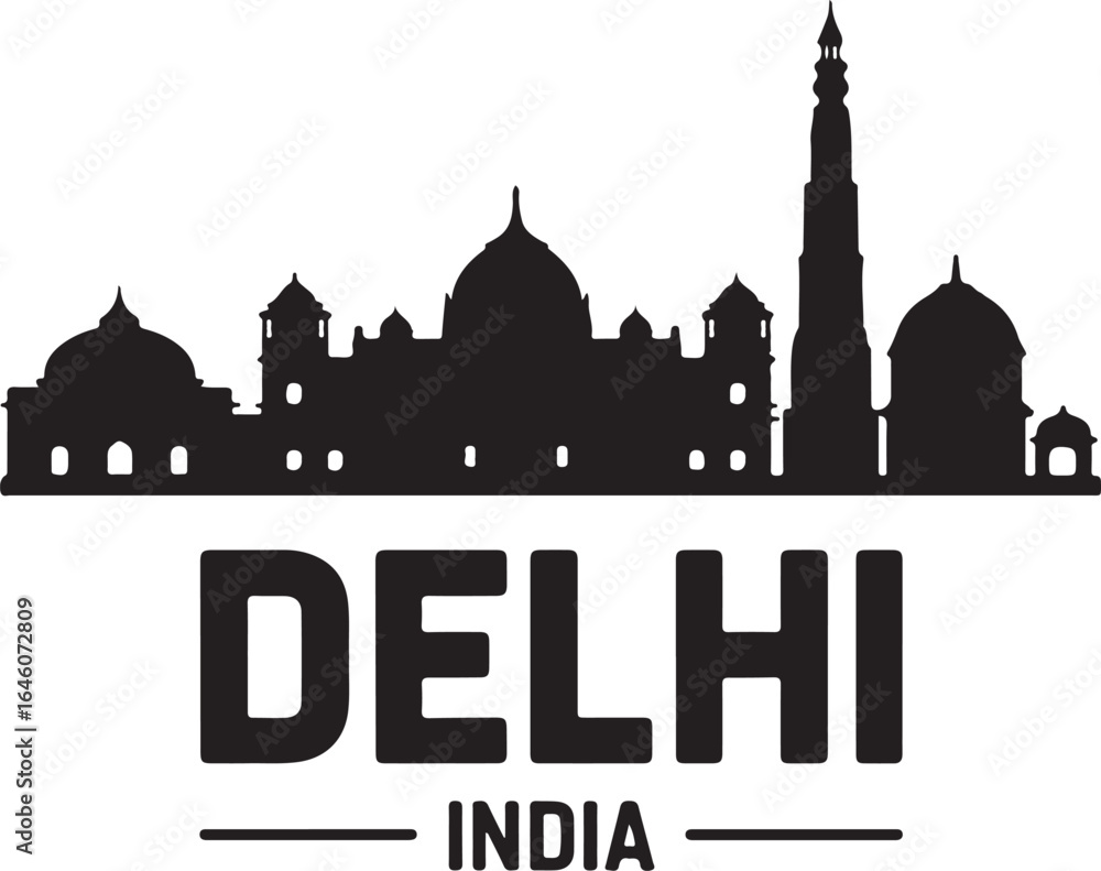 Fototapeta premium Delhi India skyline silhouette cityscape vector illustration black on white