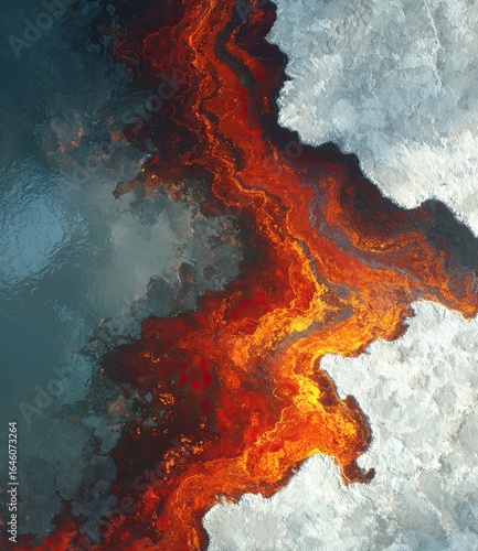 Fiery Lava Flow Meeting Icy Terrain in Aerial Abstract