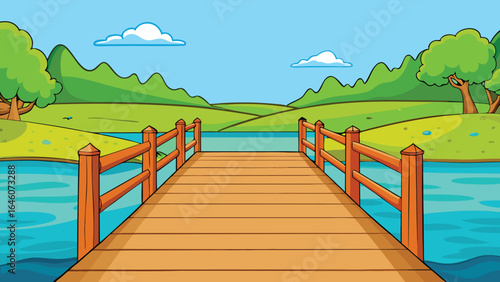 Wooden pier over blue water with green hills cartoon