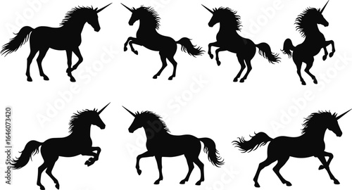 Unicorn silhouette vector collection, black magical horse illustrations, fantasy mythical creatures, galloping unicorns, mystical design elements, fairy tale art