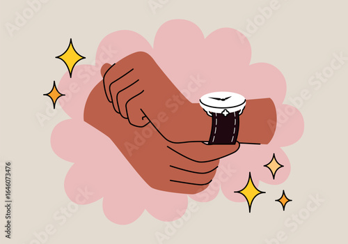 Wallpaper Mural Cute cartoon vector illustration of hands putting on wristwatch. Hands with fashionable expensive luxury watch, brown strap. Classic men's mechanical accessory. Flat line style. Minimalistic art. Torontodigital.ca