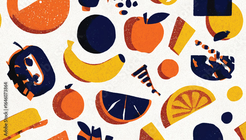 Colorful and Abstract Fruit Pattern Design Featuring Apples Bananas Oranges and Sliced Citrus Fruits a Vibrant and Modern Illustration for Backgrounds and Textures