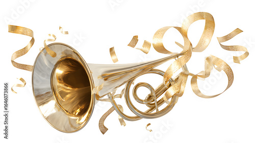 Golden Horn with Confetti 3d rendered, isolated on transparent background
