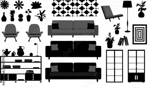 Illustration of interior design elements including sofas chairs plants and shelves in black and white style |  editable eps vectors silhouette